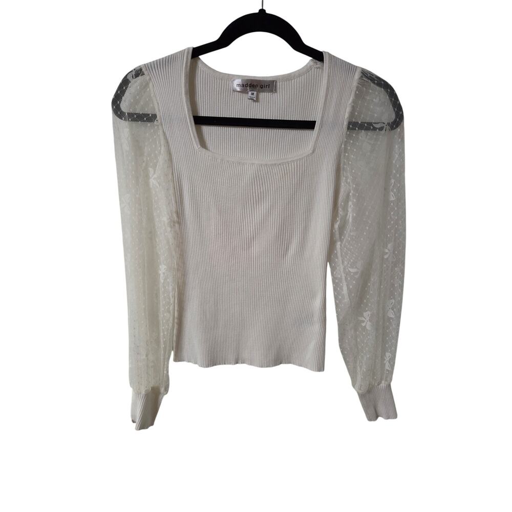 Madden Girl Square Neck Ribbed Top with Mesh Sleeves Size M
